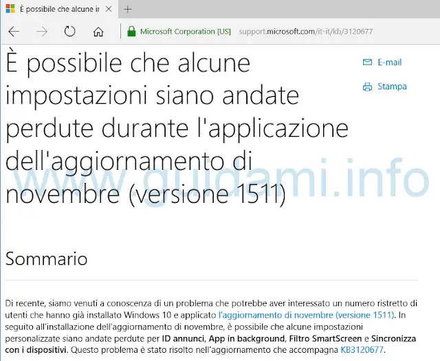 Informazioni web aggiornamento Windows Update Windows 10