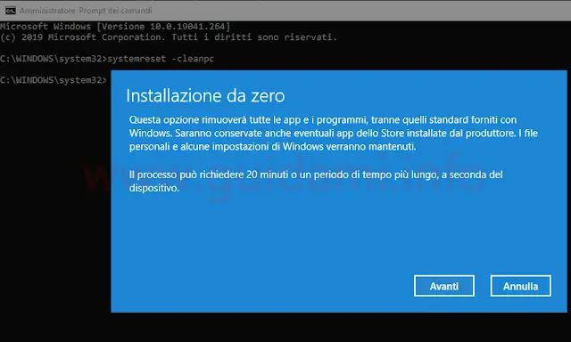 Installazione da zero di Windows 10 avviata da Prompt dei comandi