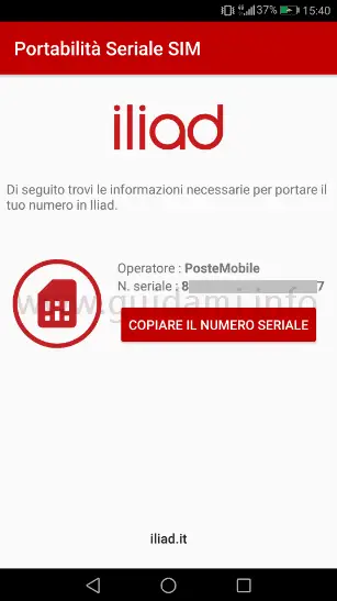 Interfaccia app Android di iliad Portabilità Seriale SIM