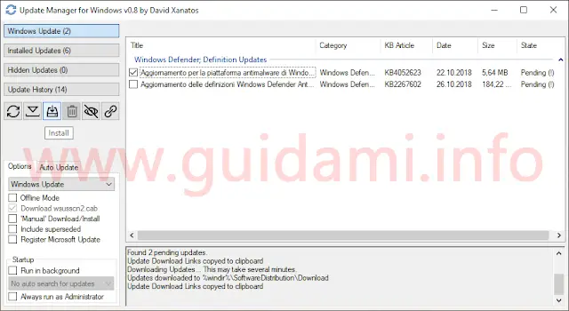 Interfaccia grafica Update Manager for Windows