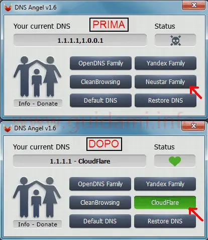Interfaccia programma DNS Angel prima e dopo le modifiche