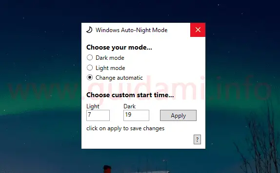 Interfaccia programma Windows 10 Auto-Night-Mode