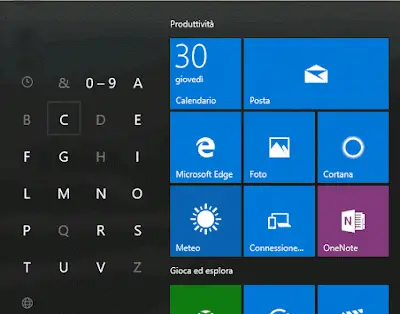Lettere iniziali app e programmi menu start Windows 10
