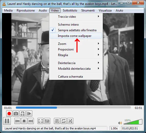 Lettore VLC menu Video opzioni Imposta come wallpaper