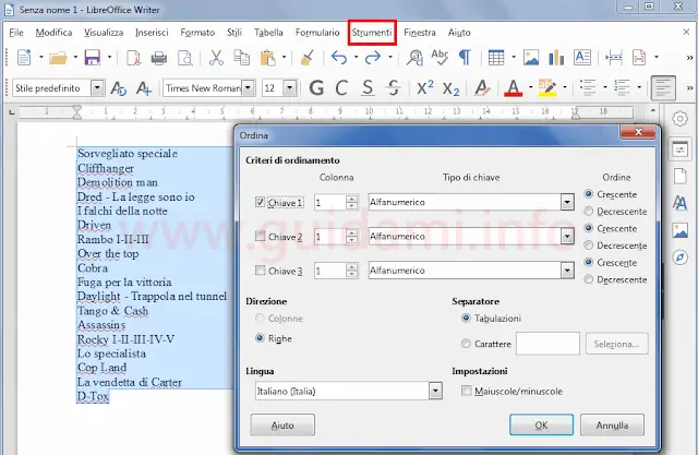 LibreOffice Writer procedura per ordinare alfabeticamente una lista di parole