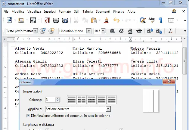 LibreOffice Writter incolonnare testo