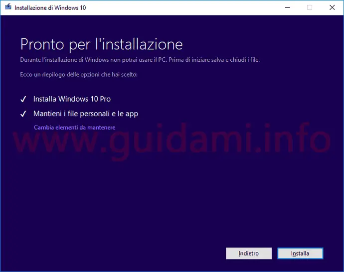 Media Creation Tool Windows 10 build 17763 schermata Pronto per l'installazione