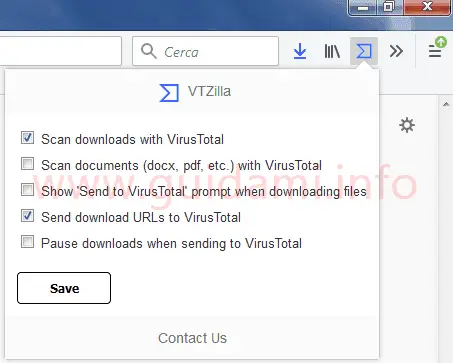 Menu Opzioni VTZilla del menu contestuale del pulsante addon in Firefox