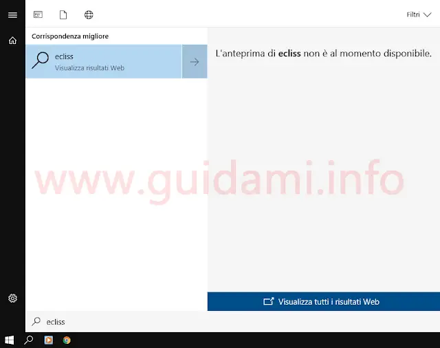 Menu Start Windows 10 con disattivati i risultati web di Cortana