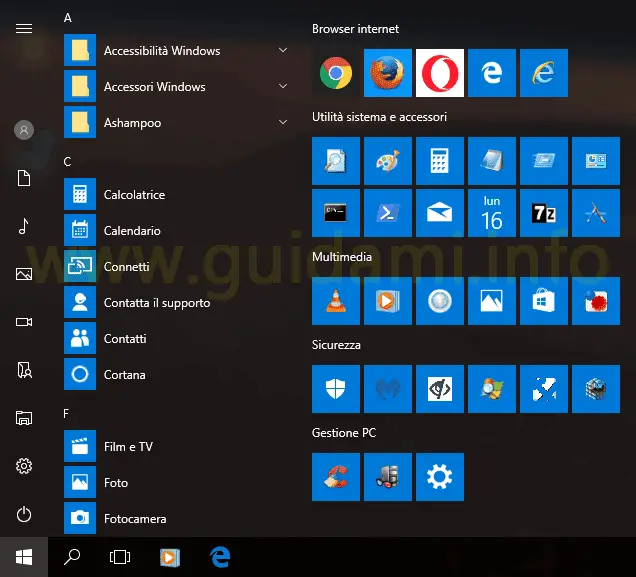 Menu Start Windows 10 con icone piccole dei collegamenti