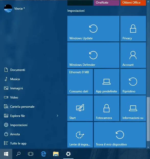 Menu Start Windows 10 con pulsanti collegamento impostazioni