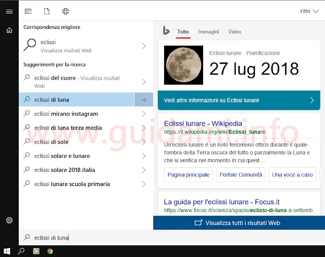 Menu Start Windows 10 con risultati web di Cortana