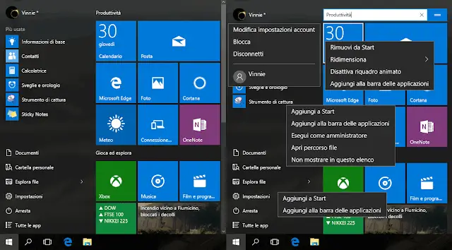 Menu Start Windows 10 voci menu contestuale