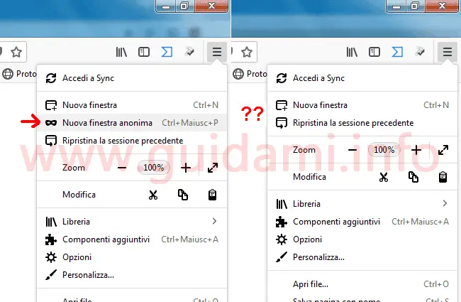 Menu contestuale Firefox con e senza opzione Nuova finestra anonima