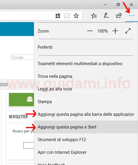Menu contestuale Microsoft Edge opzioni per aggiungere sito a start e barra applicazioni