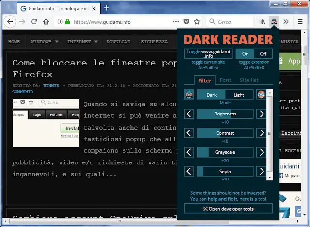 Menu opzioni addon Dark Reader per Firefox