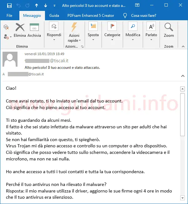 Messaggio email ricevuto su Outlook 2016