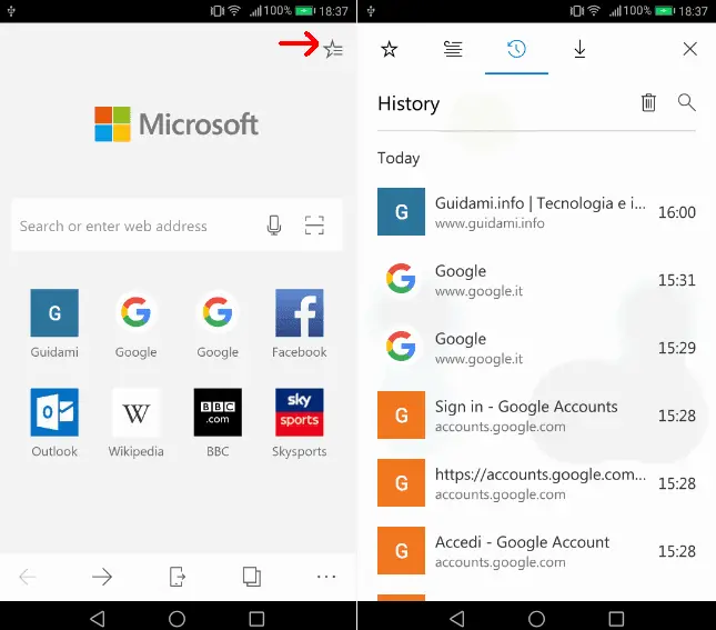 Microsoft Edge Android schermata iniziale pulsante hub