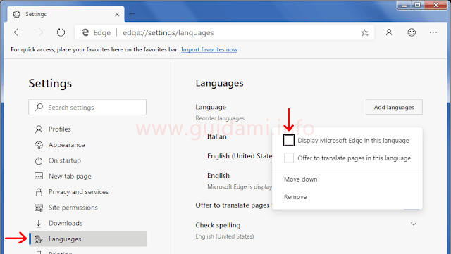 Microsoft Edge Chromium schermata Languagesper cambiare lingua del browser