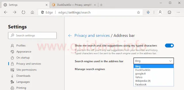 Microsoft Edge Chromium impostazioni motore ricerca
