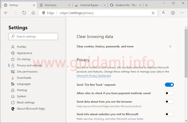 Microsoft Edge basato su Chromium finestra impostazioni Settings