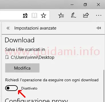 Microsoft Edge disattivare opzione Richiedi l'operazione da eseguire a ogni download