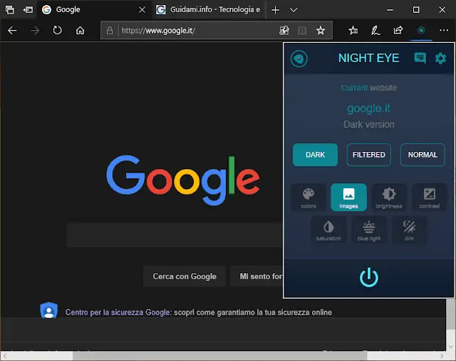 Microsoft Edge in tema scuro con attiva l'estensione Night Eye