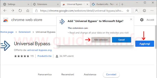 Microsoft Edge installazione di estensione Google Chrome dal Chrome Web Store