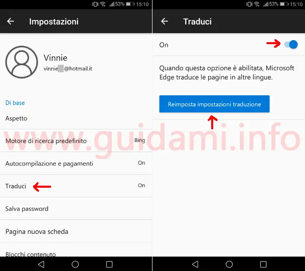 Microsoft Edge per Android impostazioni funzione Traduci pagina web
