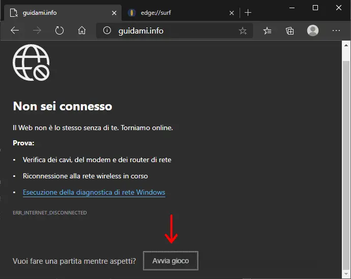 Microsoft Edge pulsante Avvia gioco su pagina web Non sei connesso