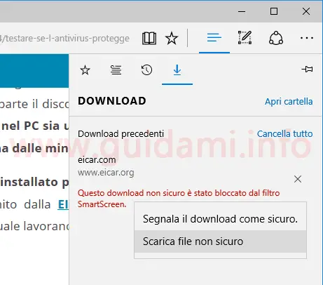 Microsoft Edge scaricare file non sicuro bloccato da filtro SmartScreen