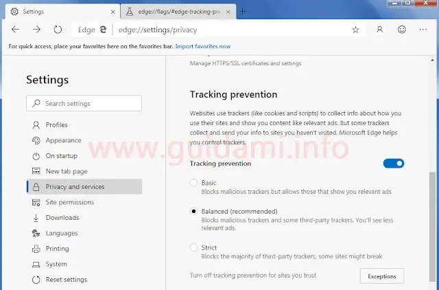 Microsoft Edge finestra delle impostazioni Tracking Prevention
