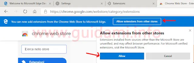 Notifica Microsoft Edge su Chrome Web Store abilitato per installare estensioni Google Chrome