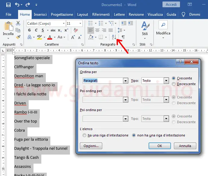 Microsoft Office Word procedura per ordinare alfabeticamente una lista di parole