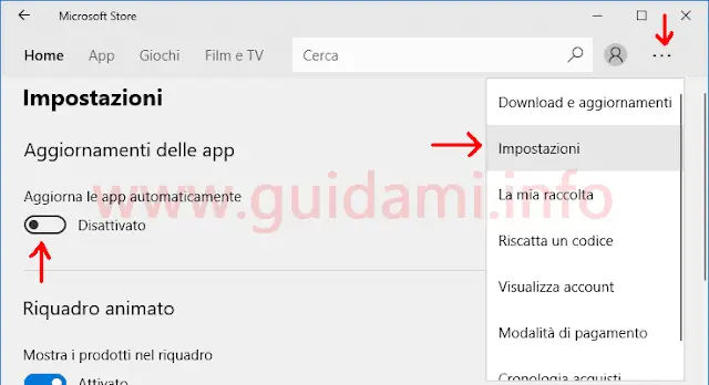 Microsoft Store Impostazioni per disattivare aggiornamento app automatico