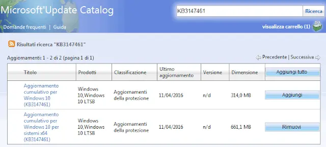 Microsoft Update Catalog aggiungere aggiornamento cumulativo Windows 10