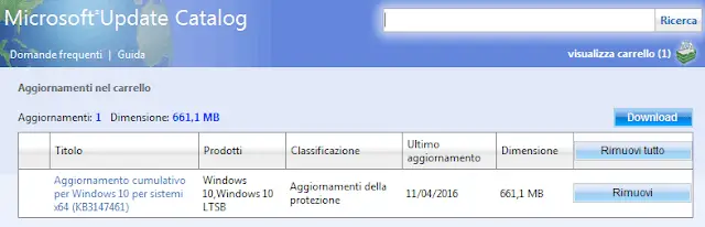 Microsoft Update Catalog scaricare aggiornamento cumulativo Windows 10