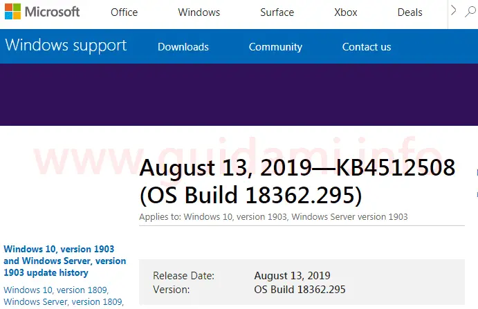 Microsoft Windows Support sito web note di rilascio aggiornamento cumulativo KB4512508