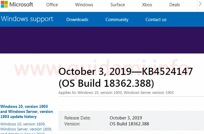 Sito web Microsoft Windows Support pagina update KB4524147