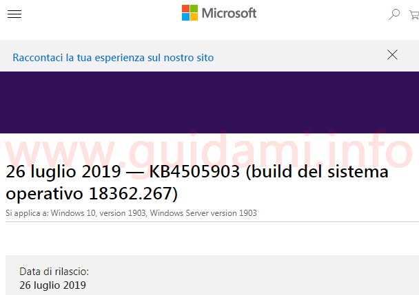 Microsoft support pagina web note di rilascio aggiornamento cumulativo