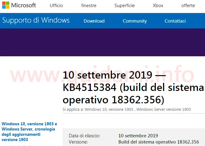 Microsoft support pagina web con note di rilascio update KB4515384