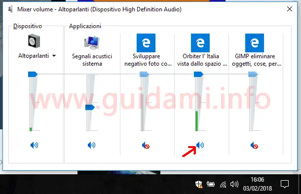 Mixer volume Windows disattivare audio schede Microsoft Edge