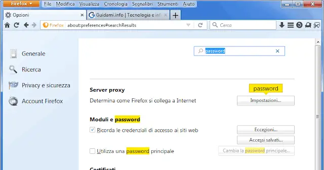 Motore ricerca dentro scheda impostazioni Firefox