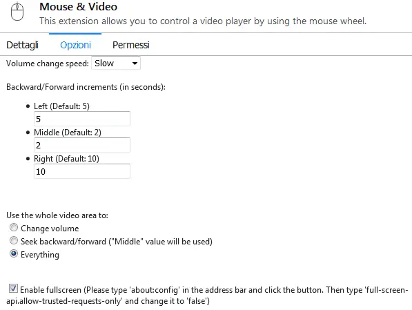 Mouse & Video opzioni dell'addon