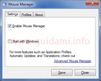Mouse Manager scheda Settings