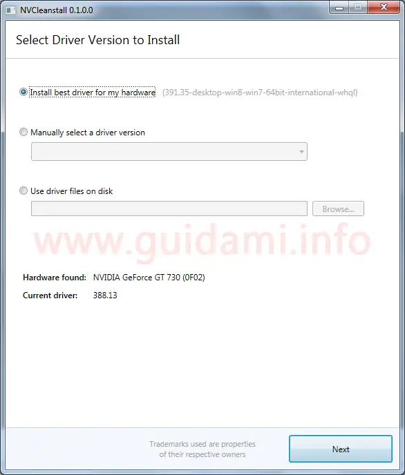 NVCleanstall schermata Select Driver Version to Install