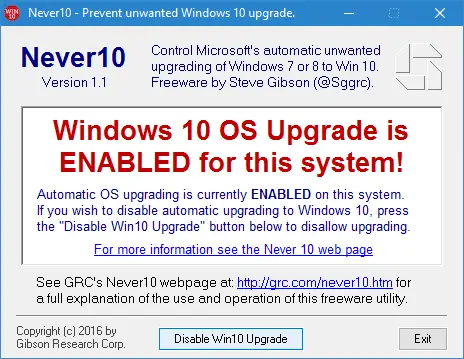 Never10 notifica aggiornamento Windows 10 è abilitato