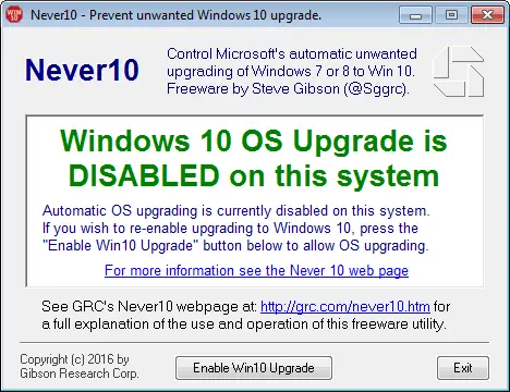 Never10 notifica aggiornamento Windows 10 è disabilitato