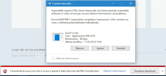 Notifica IE download file bloccato da filtro SmartScreen