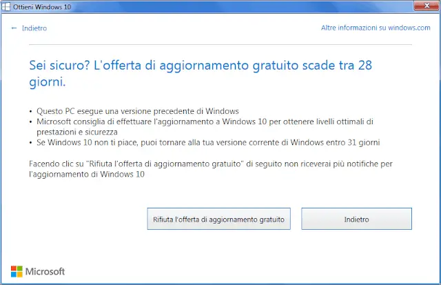 Notifica Ottieni Windows 10 Rifiuta offerta aggiornamento